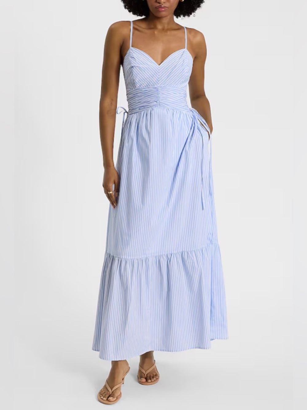 Blue Striped Striped V-Neck Sleeveless Ruched Side Tie Midi Dress MEDIUM